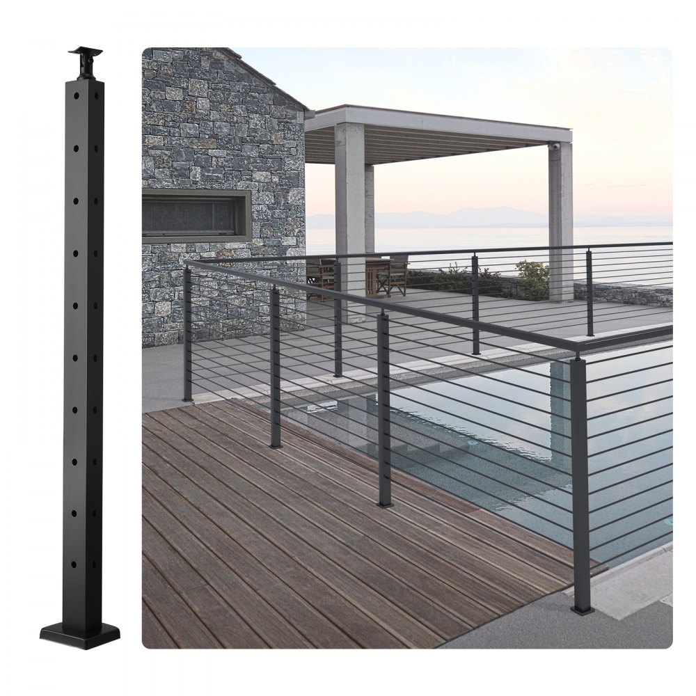 VEVOR Cable Railing Post, 36" x 1" x 2" Steel L-Shaped Hole Corner Railing Post, 10 Pre-Drilled Holes, SUS304 Stainless Steel Cable Rail Post with Horizontal and Curved Bracket, 1-Pack, Black - 1JZLGZHS9142UYBR4V0