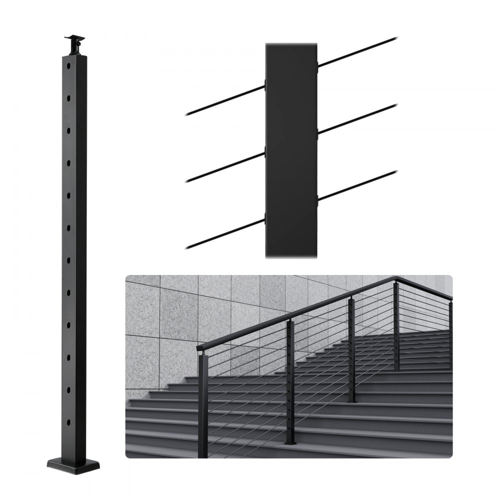 VEVOR Cable Railing Post, 42" x 1" x 2" Steel 30° Angled Hole Stair Railing Post, 12 Pre-Drilled Holes, SUS304 Stainless Steel Cable Rail Post with Horizontal and Curved Bracket, 1-Pack, Black - 1JZLGZHS1067HNEKBV0