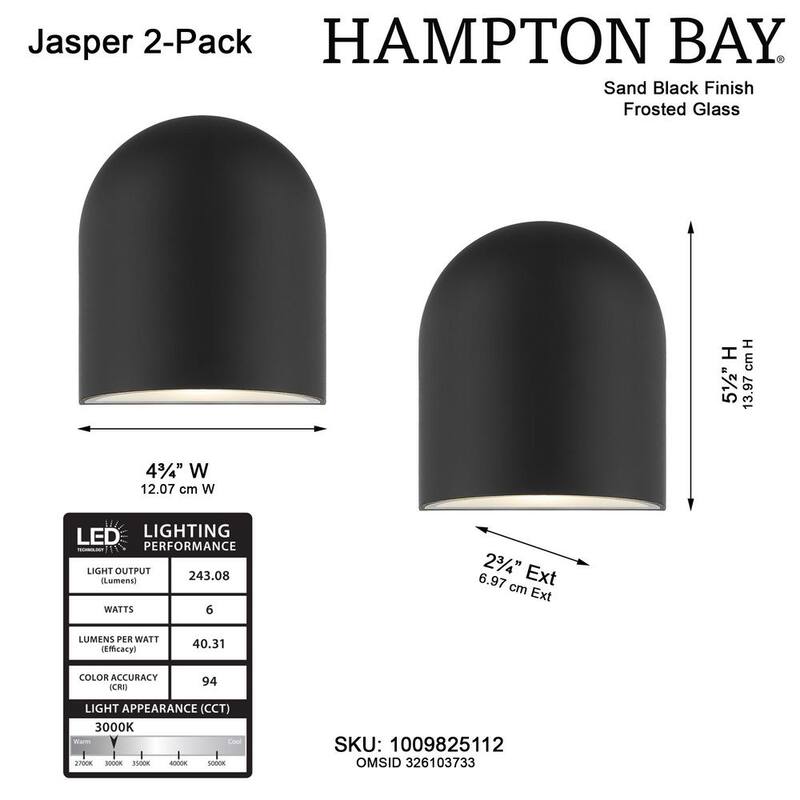 Linterna de pared exterior Hampton Bay Jasper de 5.5 pulgadas en arena negra con cableado duro y LED integrado (paquete de 2) - 26201
