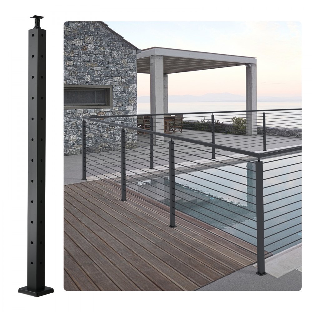 VEVOR Cable Railing Post, 42" x 2" x 2" Steel L-Shaped Hole Corner Railing Post, 12 Pre-Drilled Holes, SUS304 Stainless Steel Cable Rail Post with Horizontal and Curved Bracket, 1-Pack, Black - 1JZLGZ106755UOBB9V0