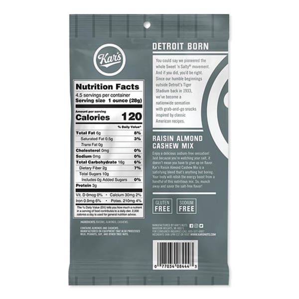 Mezcla de frutos secos Kars Fresh Harvest, Pasas Almendra y Marañón, bolsa de 4.5 oz, paquete de 12 - KAR08444