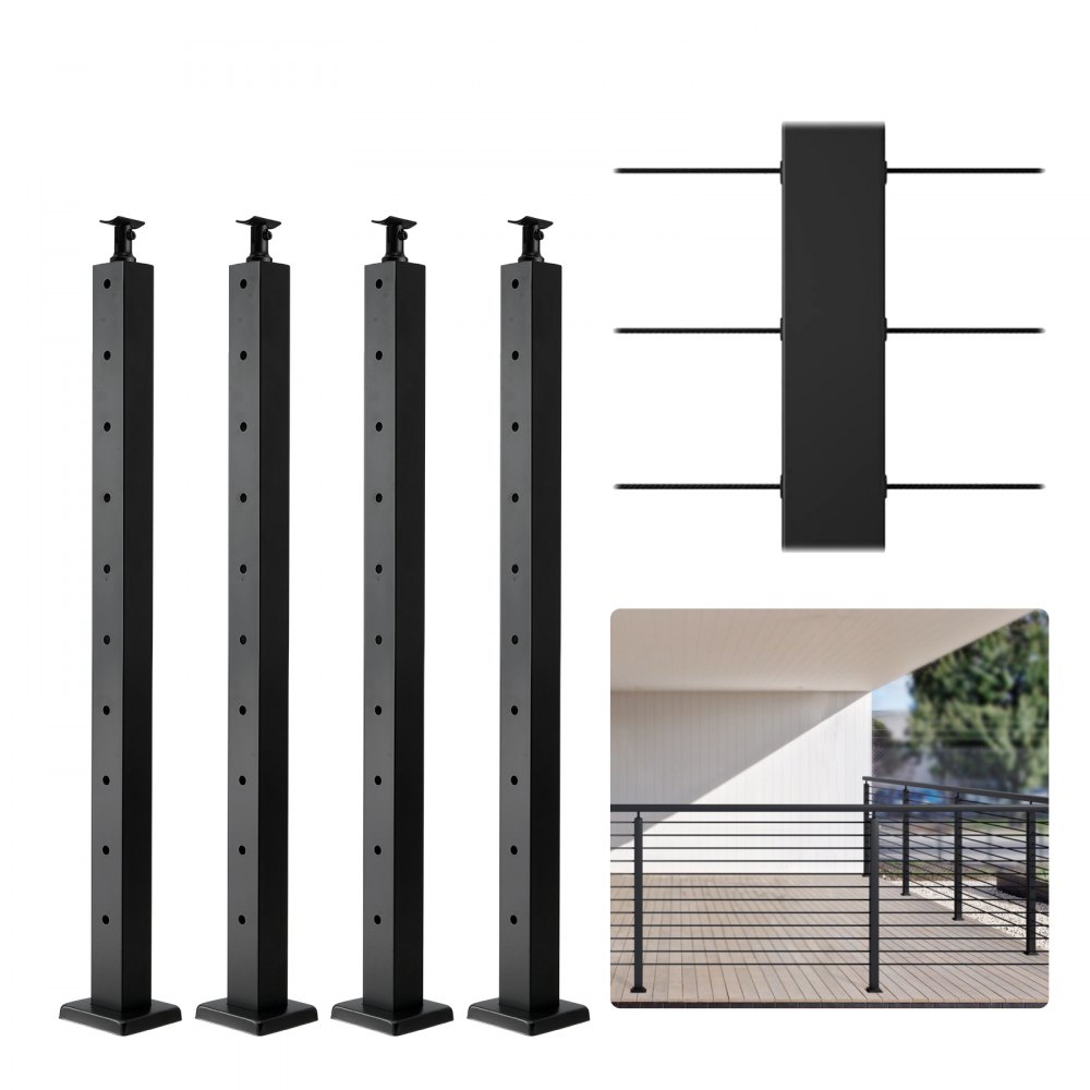 VEVOR 4-Pack Cable Railing Post, 36" x 2" x 2" Steel Horizontal Hole Deck Railing Post, 10 Pre-Drilled Holes, SUS304 Stainless Steel Cable Rail Post with Horizontal and Curved Bracket, Black - 4JZLGZ91455HP1B3MV0