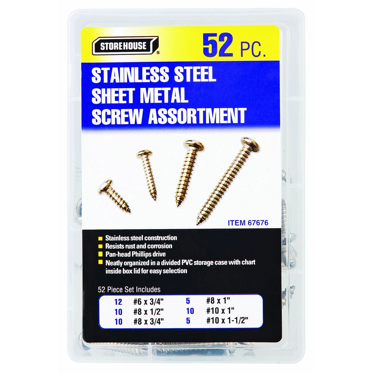 Conjunto de tornillos de lámina de acero inoxidable para surtir, 52 piezas - 67676