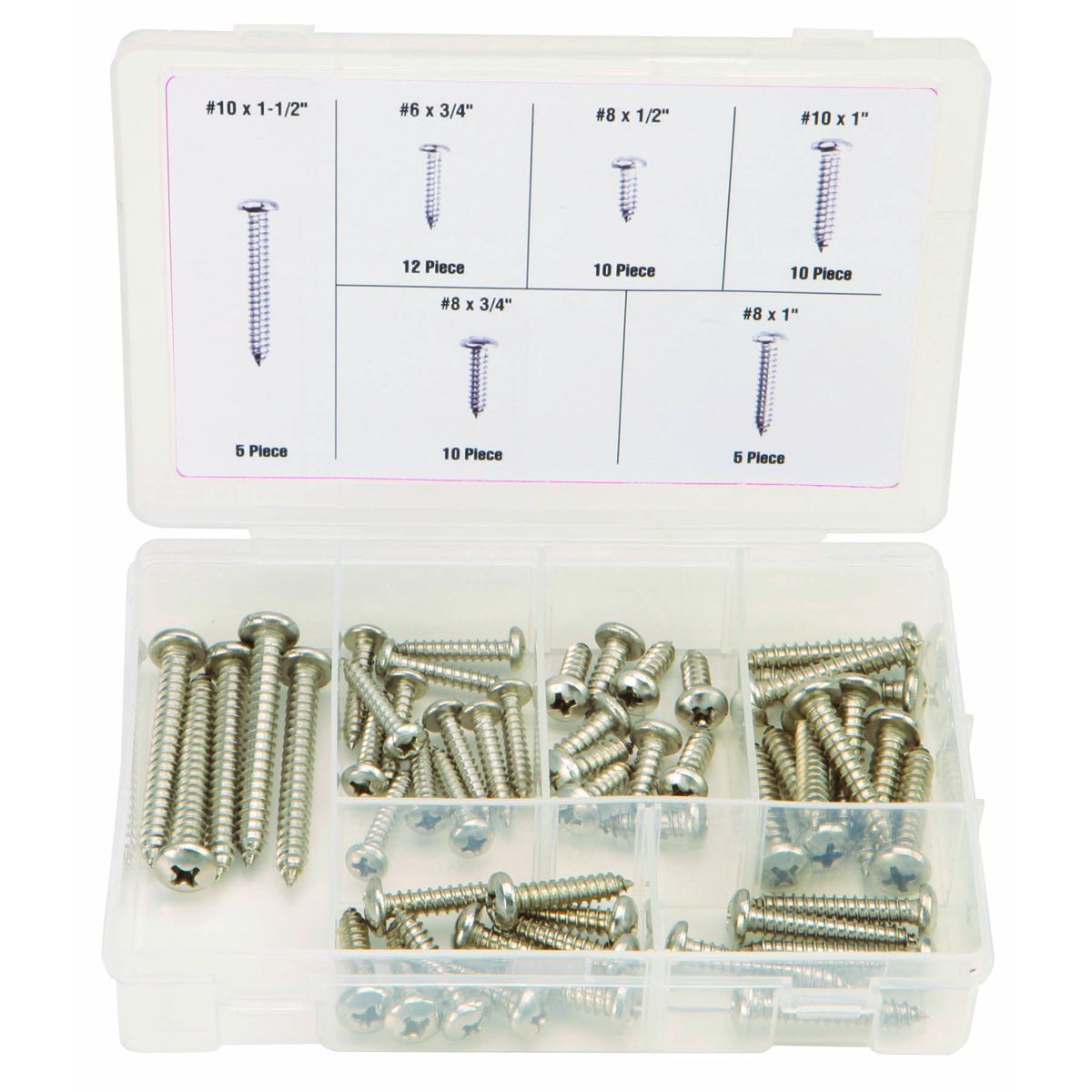 Conjunto de tornillos de lámina de acero inoxidable para surtir, 52 piezas - 67676
