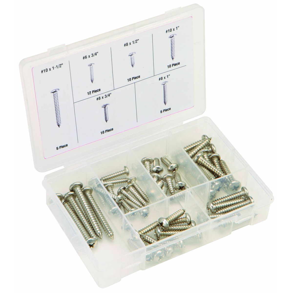 Conjunto de tornillos de lámina de acero inoxidable para surtir, 52 piezas - 67676