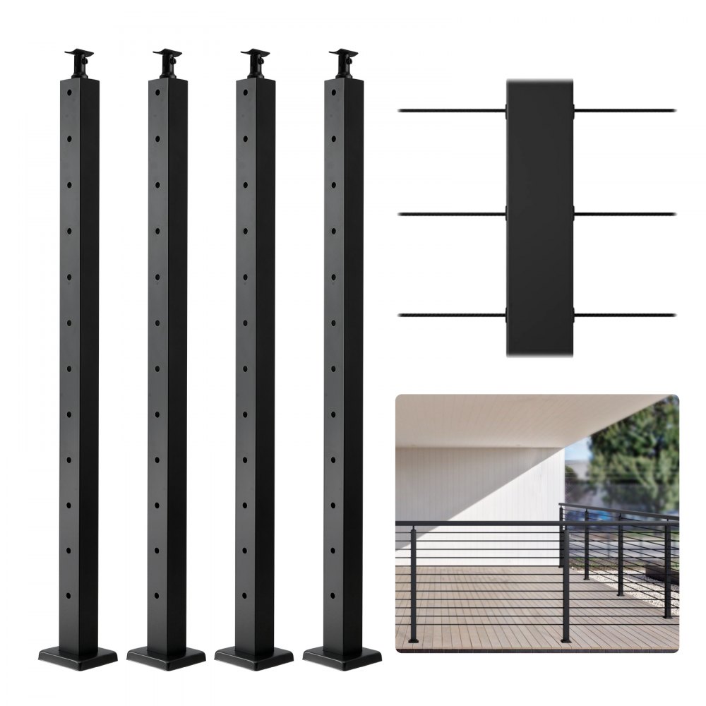 VEVOR 4-Pack Cable Railing Post, 42" x 2" x 2" Steel Horizontal Hole Deck Railing Post, 12 Pre-Drilled Holes, SUS304 Stainless Steel Cable Rail Post with Horizontal and Curved Bracket, Black - 4JZLGZ106755EAEN9V0