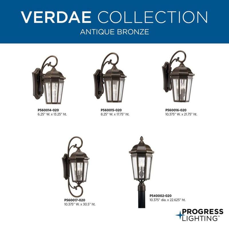 Colección de iluminación Verdae de Progress Lighting, 1 luz de pared mediana para exteriores en bronce antiguo con vidrio transparente sembrado estilo tradicional - P560015-020.