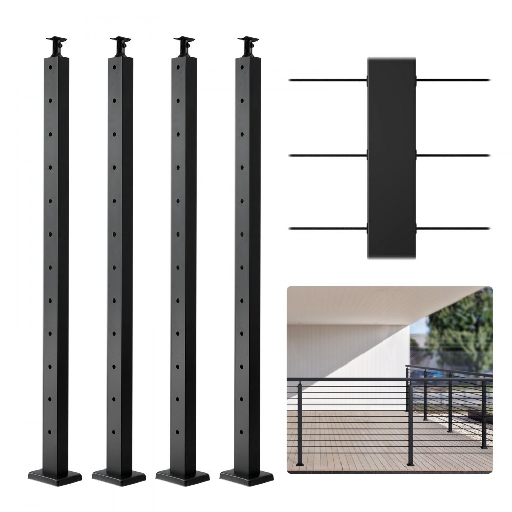 VEVOR 4-Pack Cable Railing Post, 42" x 1" x 2" Steel Horizontal Hole Deck Railing Post, 12 Pre-Drilled Holes, SUS304 Stainless Steel Cable Rail Post with Horizontal and Curved Bracket, Black - 4JZLGZHS1067WULW0V0