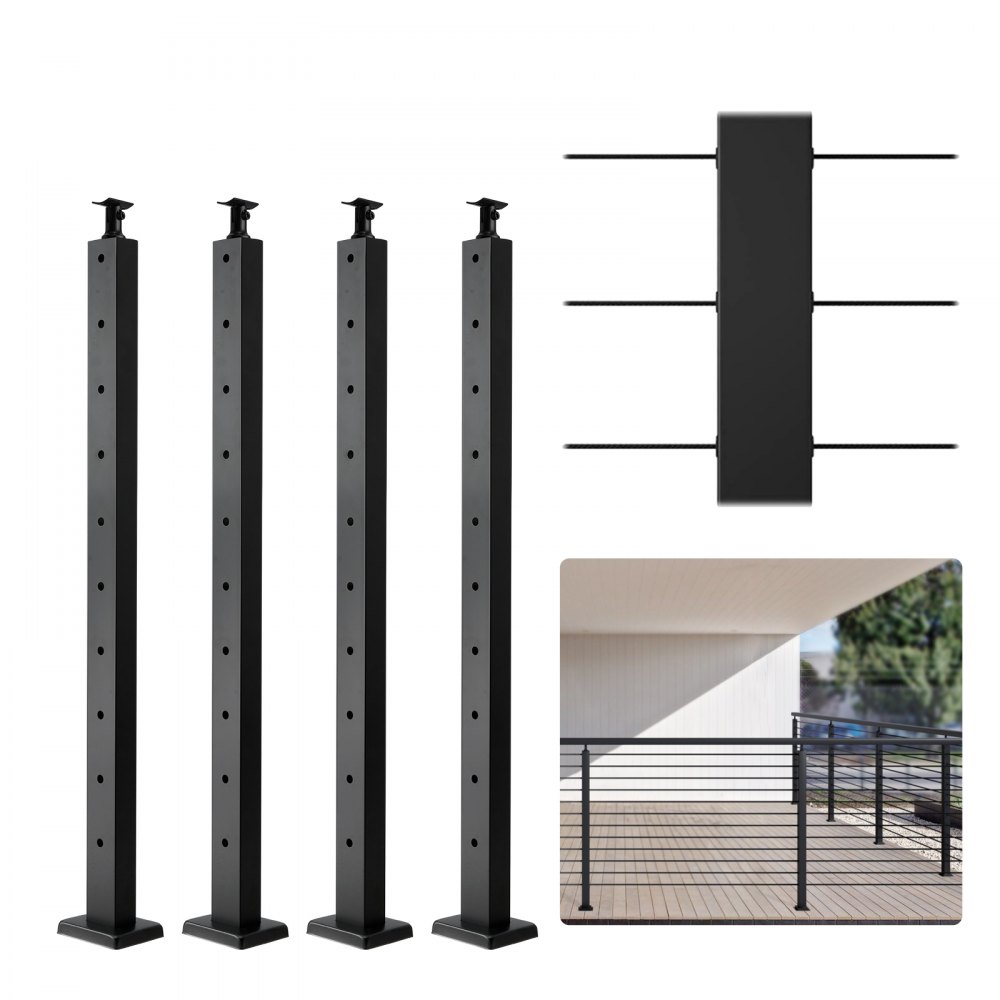 VEVOR 4-Pack Cable Railing Post, 36" x 1" x 2" Steel Horizontal Hole Deck Railing Post, 10 Pre-Drilled Holes, SUS304 Stainless Steel Cable Rail Post with Horizontal and Curved Bracket, Black - 4JZLGZHS9142C2KYMV0