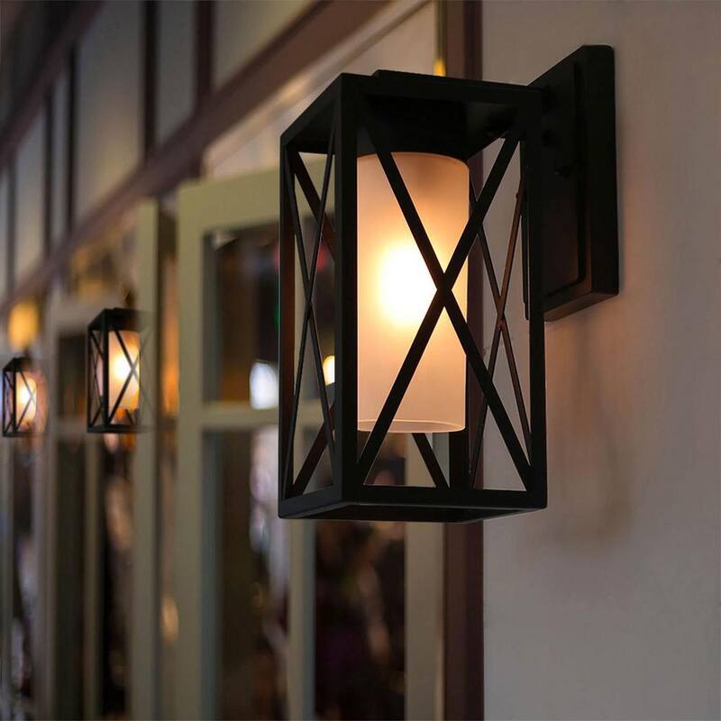 Lámpara de Pared Exterior Negra Moderna de Granja de 1 Luz con Vidrio Esmerilado para Patio y Porche - NYBMRYHD13500E6