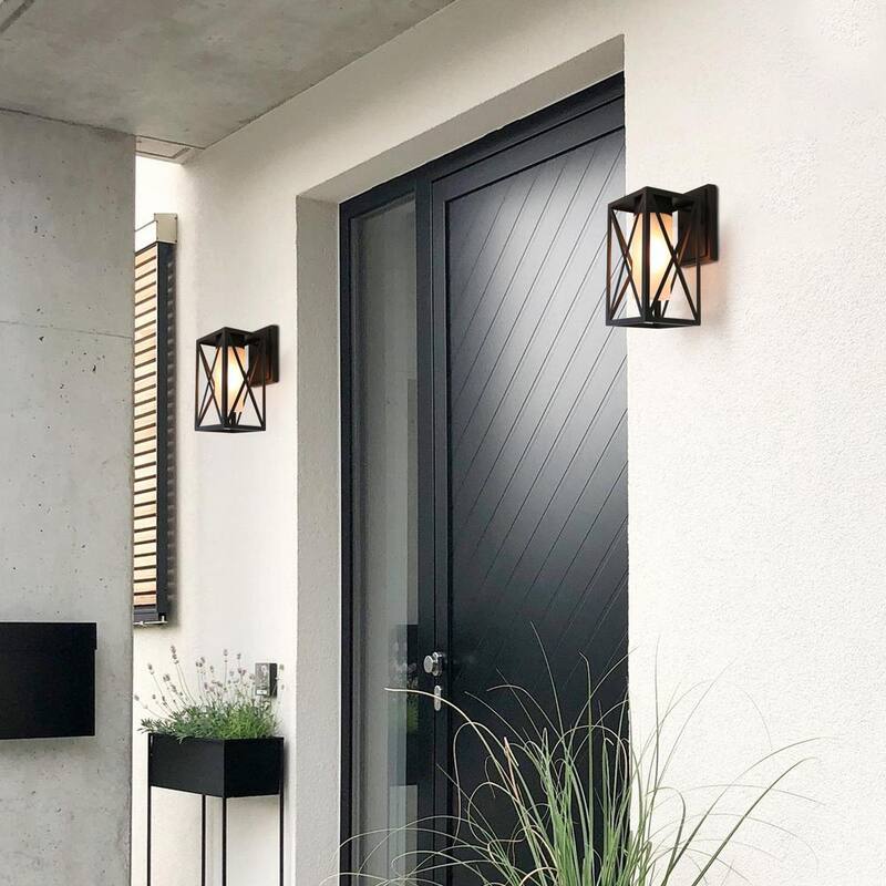 Lámpara de Pared Exterior Negra Moderna de Granja de 1 Luz con Vidrio Esmerilado para Patio y Porche - NYBMRYHD13500E6