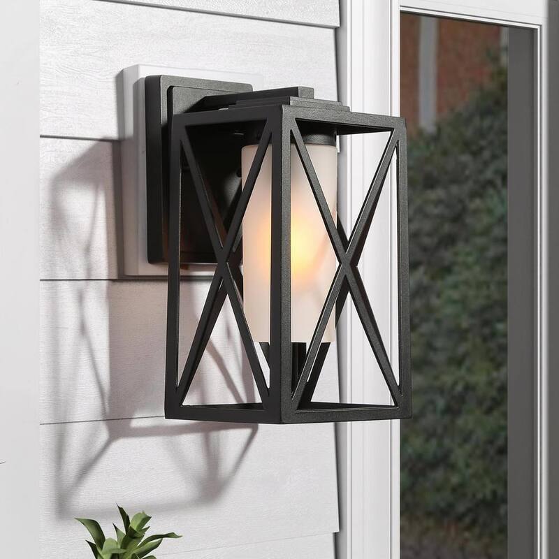 Lámpara de Pared Exterior Negra Moderna de Granja de 1 Luz con Vidrio Esmerilado para Patio y Porche - NYBMRYHD13500E6
