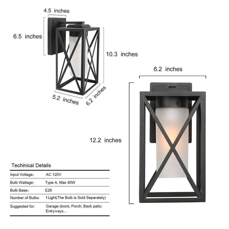 Lámpara de Pared Exterior Negra Moderna de Granja de 1 Luz con Vidrio Esmerilado para Patio y Porche - NYBMRYHD13500E6