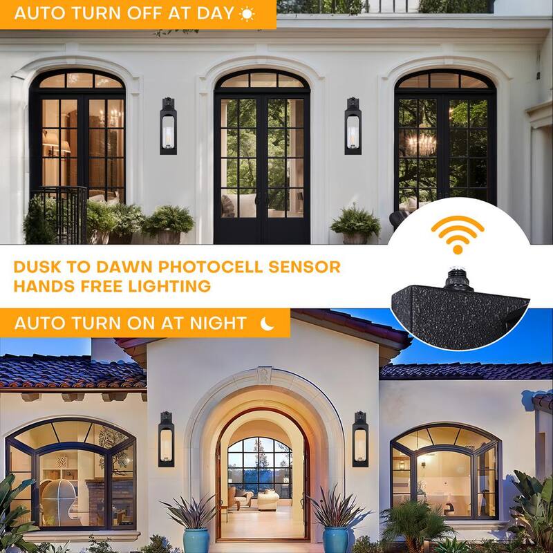 Lámpara de Pared Exterior Moderna LamQee de 1 Luz Negra con Sensor Crepuscular y Vidrio Transparente - 06FTL0274ABK