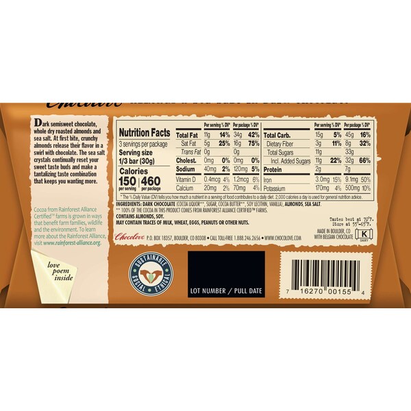 Chocolate Chocolove Almendras y Sal Marina Barra de Chocolate Oscuro 3.2 oz. Barras, PK144 - 155