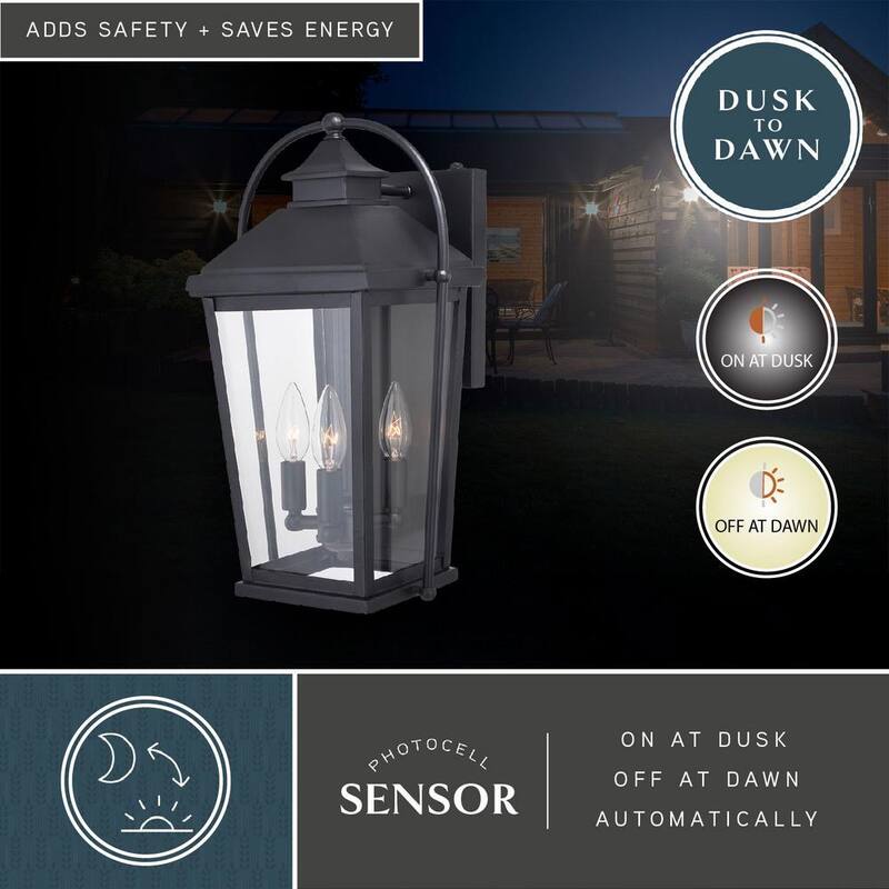 Lámpara de pared exterior VAXCEL Lexington de 3 luces con sensor de anochecer a amanecer, color negro, vidrio transparente - T0539