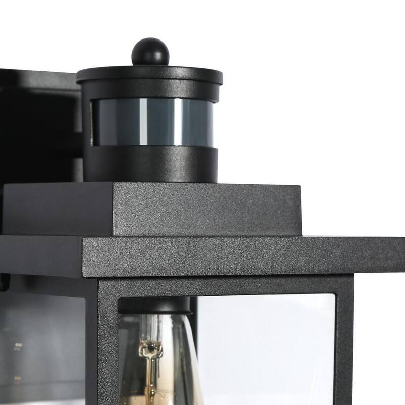 Lámpara de pared exterior moderna con sensor de movimiento de un solo foco, negra texturizada, con pantalla de vidrio transparente para garaje y patio - LYNRQJ2156AR8C