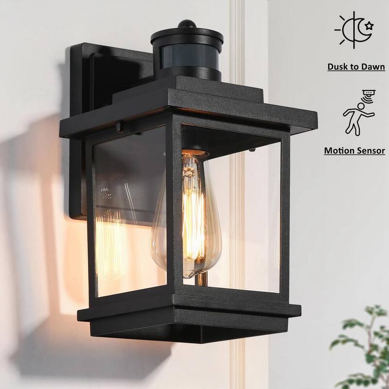 Lámpara de pared exterior moderna con sensor de movimiento de un solo foco, negra texturizada, con pantalla de vidrio transparente para garaje y patio - LYNRQJ2156AR8C