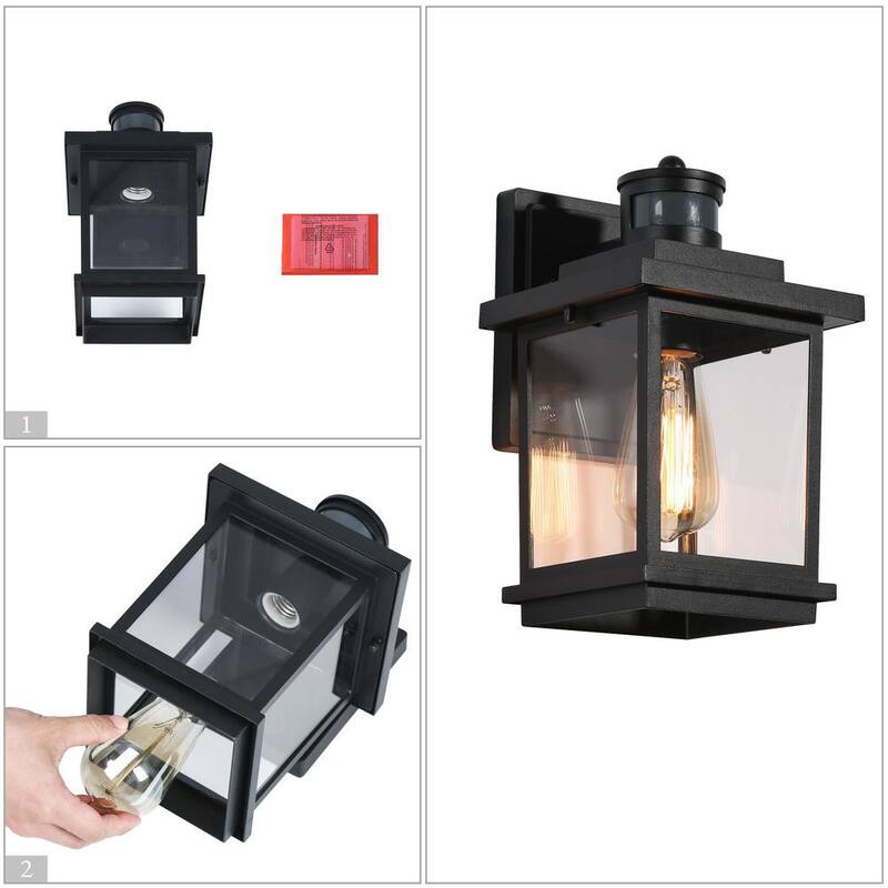 Lámpara de pared exterior moderna con sensor de movimiento de un solo foco, negra texturizada, con pantalla de vidrio transparente para garaje y patio - LYNRQJ2156AR8C