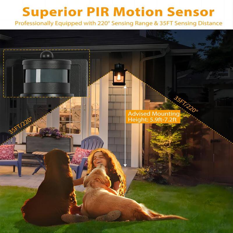 Lámpara de pared exterior moderna con sensor de movimiento de un solo foco, negra texturizada, con pantalla de vidrio transparente para garaje y patio - LYNRQJ2156AR8C