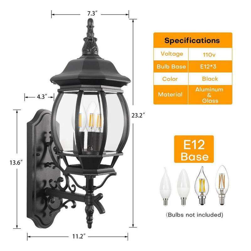 Aplique de pared de aluminio negro LamQee para exteriores con 3 luces y pantalla de vidrio transparente - 06FTL0241BBK