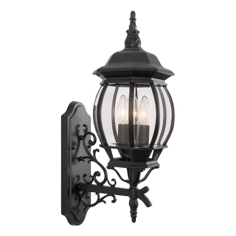 Aplique de pared de aluminio negro LamQee para exteriores con 3 luces y pantalla de vidrio transparente - 06FTL0241BBK