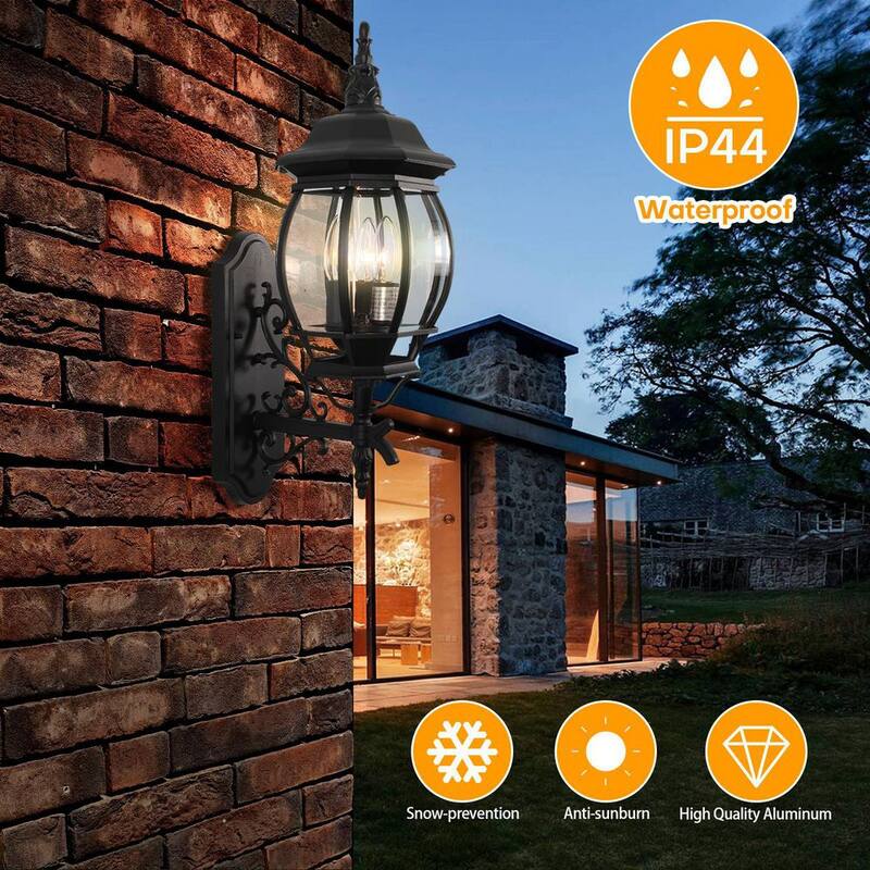 Aplique de pared de aluminio negro LamQee para exteriores con 3 luces y pantalla de vidrio transparente - 06FTL0241BBK