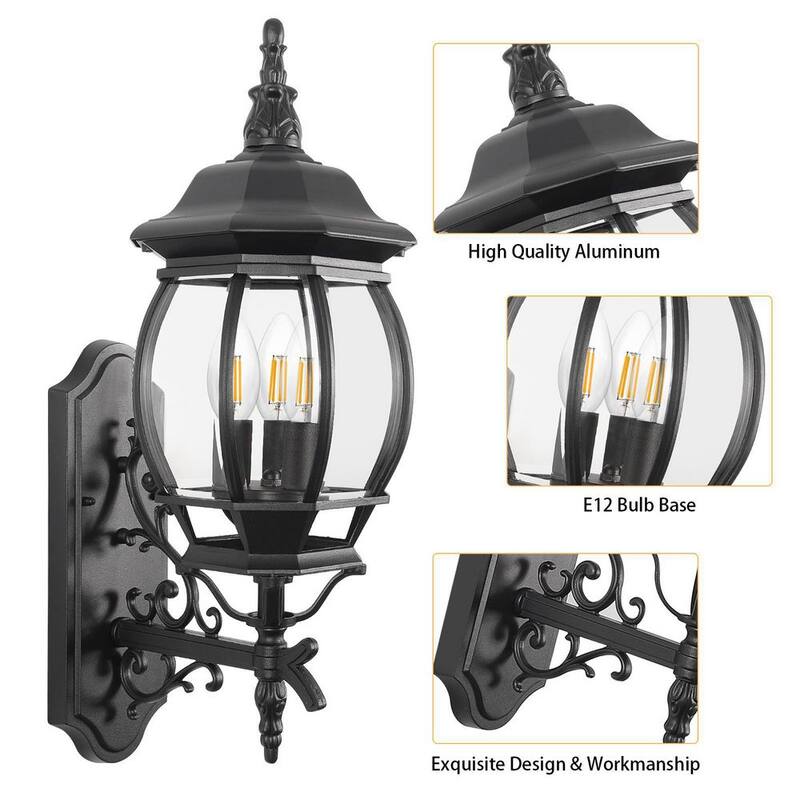 Aplique de pared de aluminio negro LamQee para exteriores con 3 luces y pantalla de vidrio transparente - 06FTL0241BBK