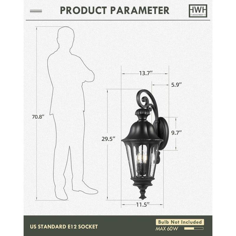 Lámpara de pared estilo linterna negra para exteriores JAZAVA 29.5 pulgadas con cableado duro y sin focos incluidos, luz de pared para porche o garaje - HD5HW90B-L BK