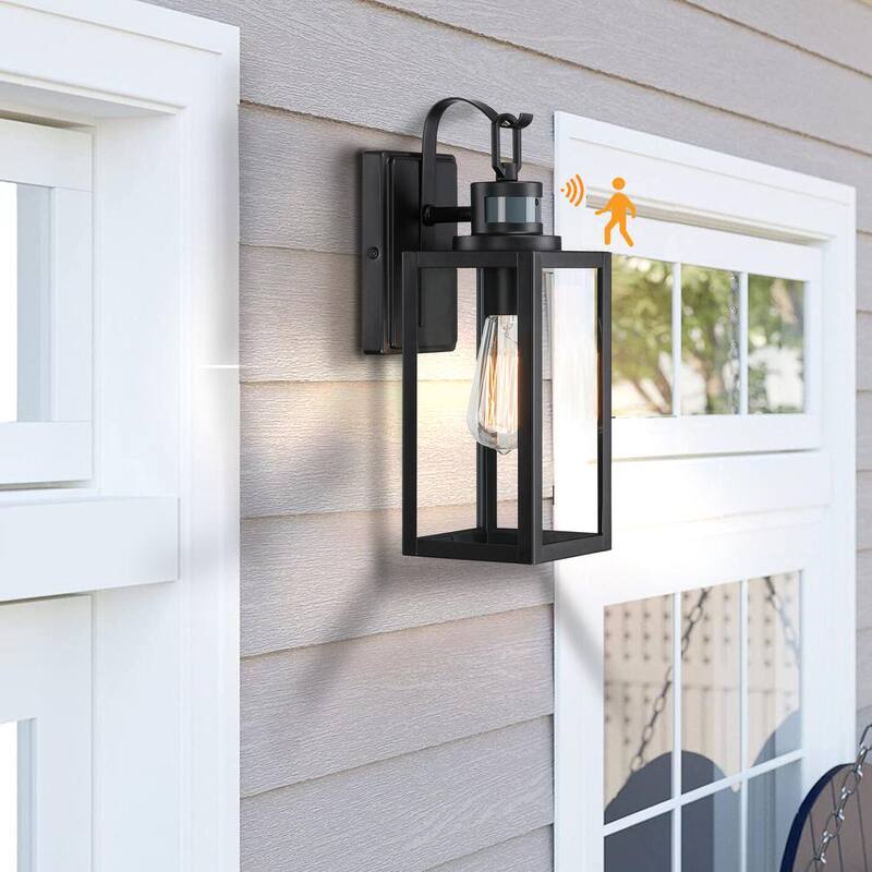 Lámparas de pared exteriores con sensor de movimiento Pia Ricco 1 Light Black, actualización de lámpara de pared al amanecer (Base E26) - 1JAY-12121-MS.