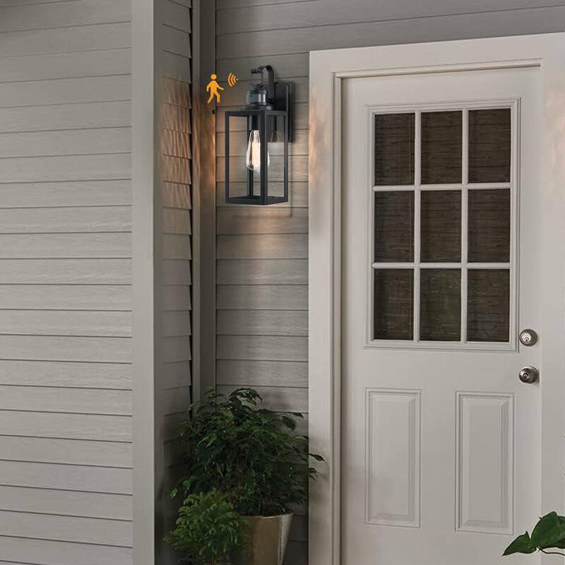 Lámparas de pared exteriores con sensor de movimiento Pia Ricco 1 Light Black, actualización de lámpara de pared al amanecer (Base E26) - 1JAY-12121-MS.