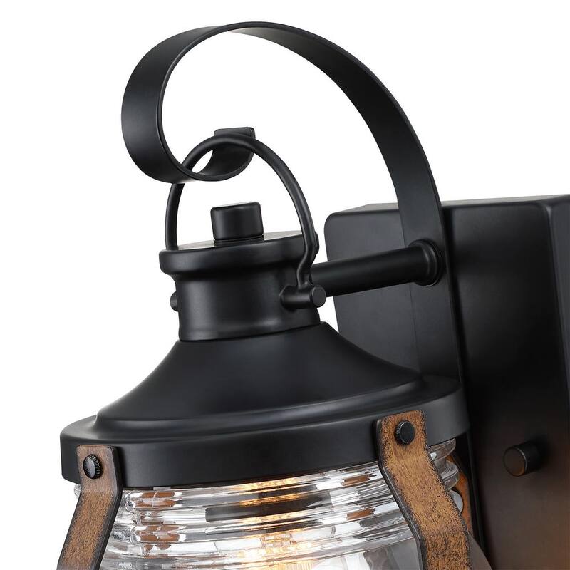 Hukoro Retro 11.8 in. Luminaria de pared exterior con acentos en negro mate y madera de granero con vidrio transparente (paquete de 2) - HD2F14002-WL