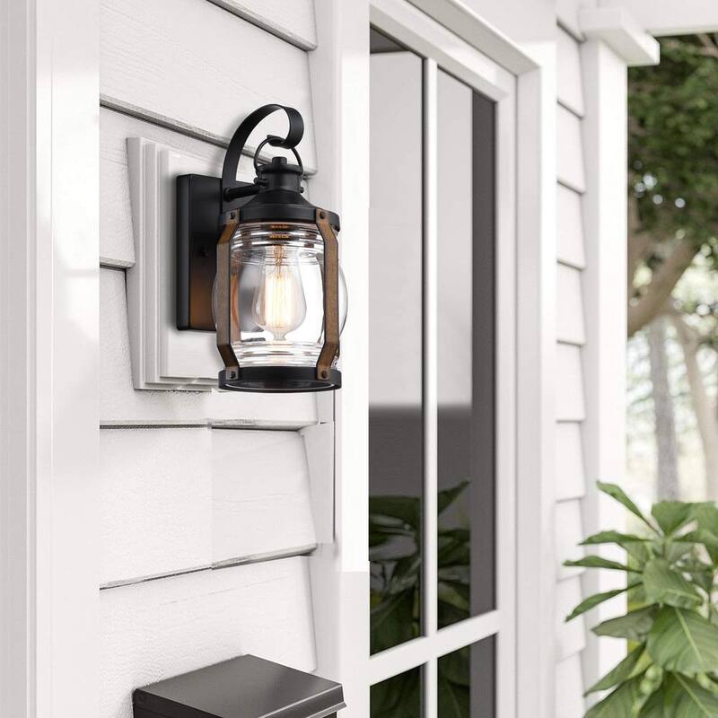 Hukoro Retro 11.8 in. Luminaria de pared exterior con acentos en negro mate y madera de granero con vidrio transparente (paquete de 2) - HD2F14002-WL