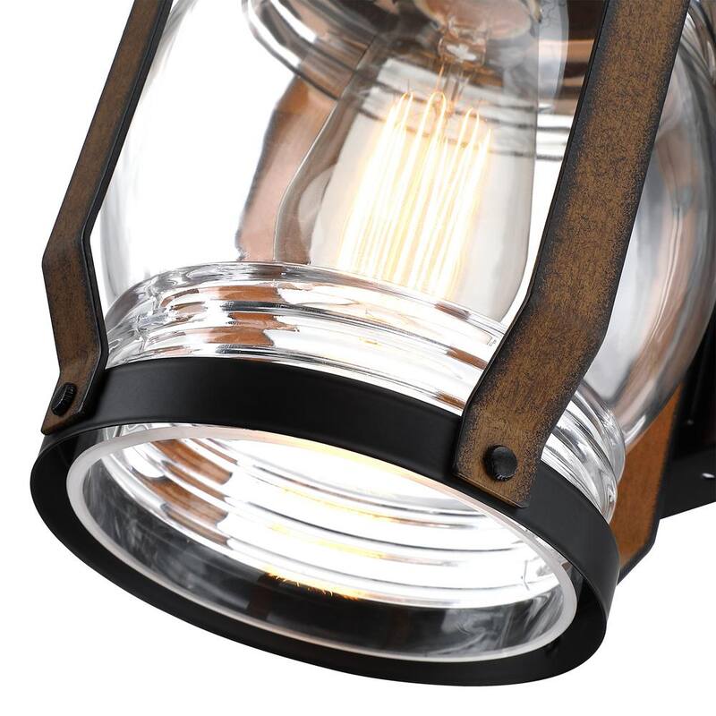 Hukoro Retro 11.8 in. Luminaria de pared exterior con acentos en negro mate y madera de granero con vidrio transparente (paquete de 2) - HD2F14002-WL