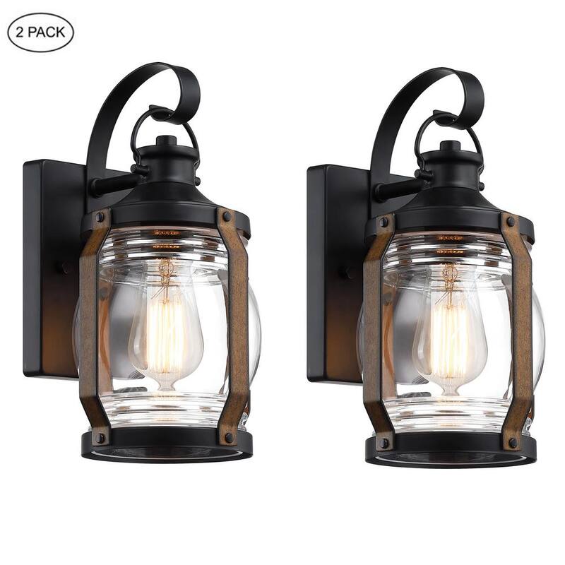 Hukoro Retro 11.8 in. Luminaria de pared exterior con acentos en negro mate y madera de granero con vidrio transparente (paquete de 2) - HD2F14002-WL