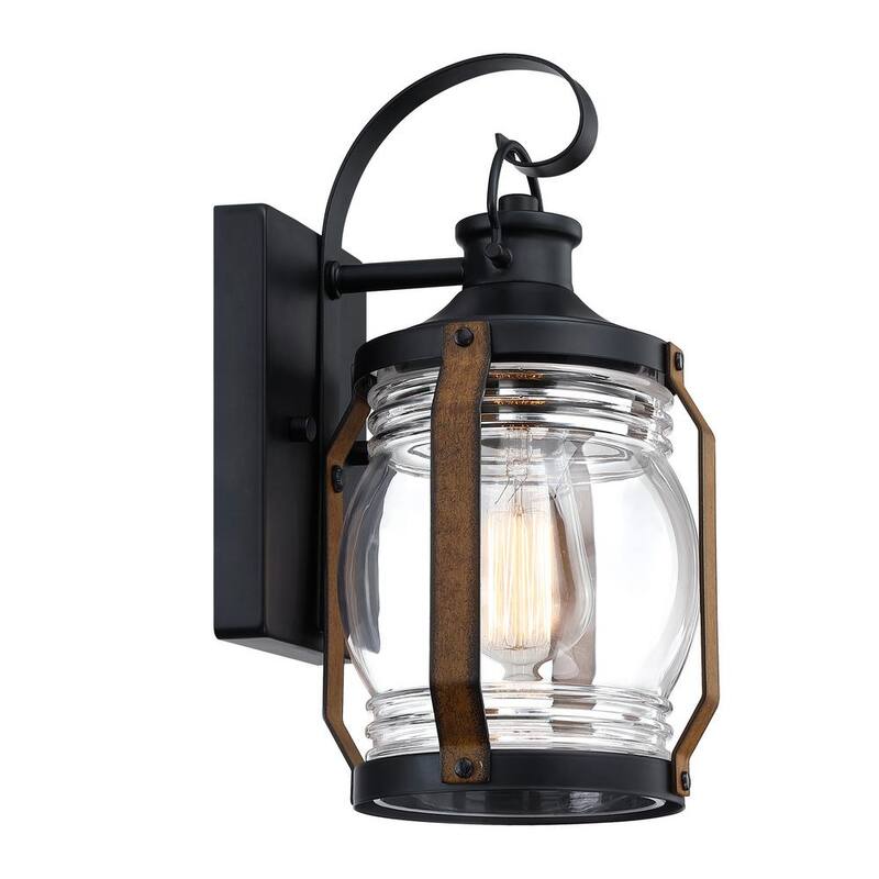 Hukoro Retro 11.8 in. Luminaria de pared exterior con acentos en negro mate y madera de granero con vidrio transparente (paquete de 2) - HD2F14002-WL