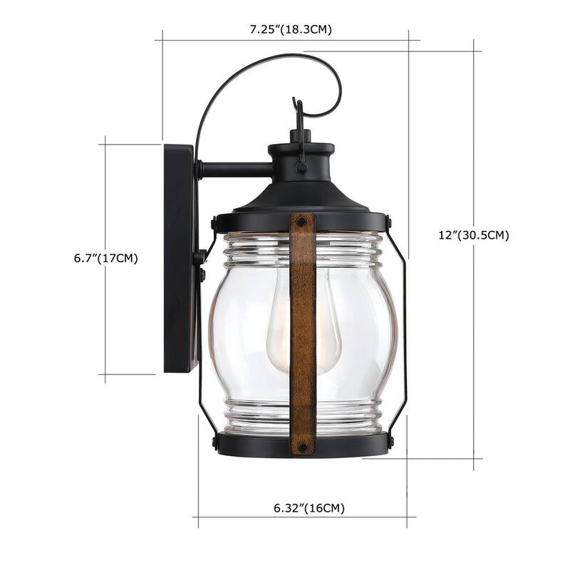 Hukoro Retro 11.8 in. Luminaria de pared exterior con acentos en negro mate y madera de granero con vidrio transparente (paquete de 2) - HD2F14002-WL