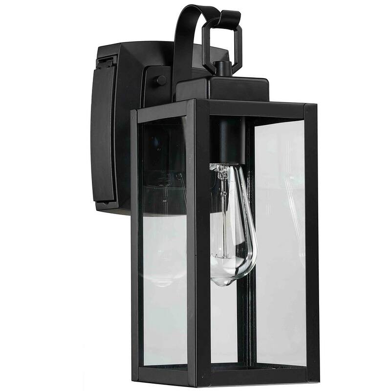 Luminaria de pared para exteriores Uixe 1-Luz de color negro mate con vidrio transparente y tomas GFCI integradas - SSL-12151-GFCI