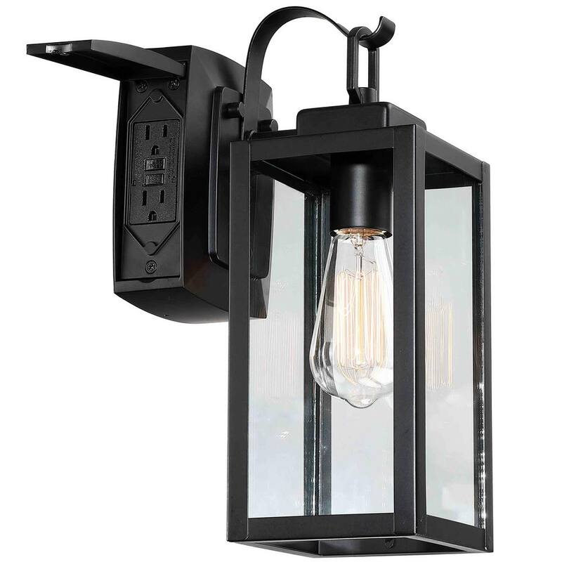Luminaria de pared para exteriores Uixe 1-Luz de color negro mate con vidrio transparente y tomas GFCI integradas - SSL-12151-GFCI