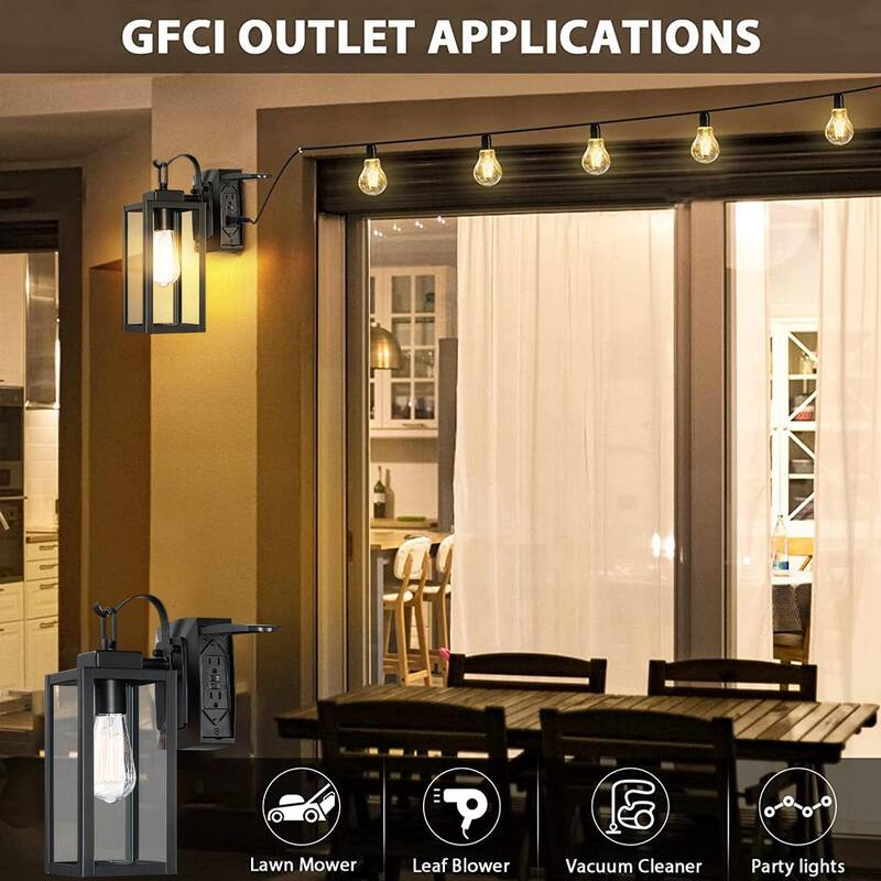 Luminaria de pared para exteriores Uixe 1-Luz de color negro mate con vidrio transparente y tomas GFCI integradas - SSL-12151-GFCI