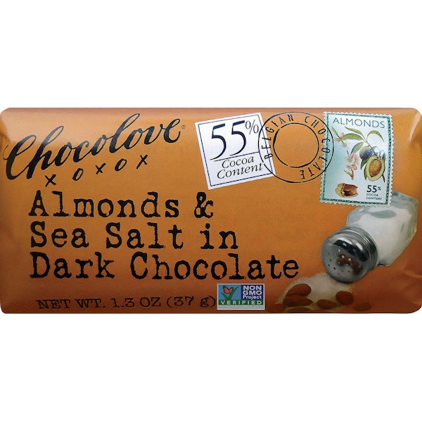 Barra de Chocolate Chocolove Almendras y Sal Marina de Chocolate Oscuro 1.3 oz. Barras, PK144 - 5155