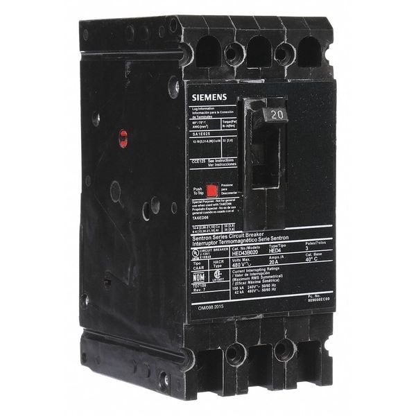 Siemens Molded Case Circuit Breaker, HED4 Series, 20A, 3 Pole, 480V AC, 42kA at 480V AC - HED43B020