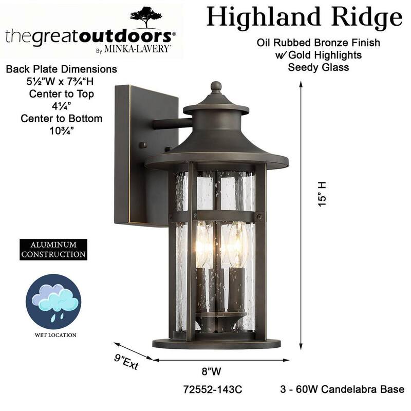 El gran exterior por Minka Lavery Highland Ridge Collection 3-Light Oil Rubbed Bronze con Gold Highlights Outdoor Wall Lantern Sconce - 72552-143C