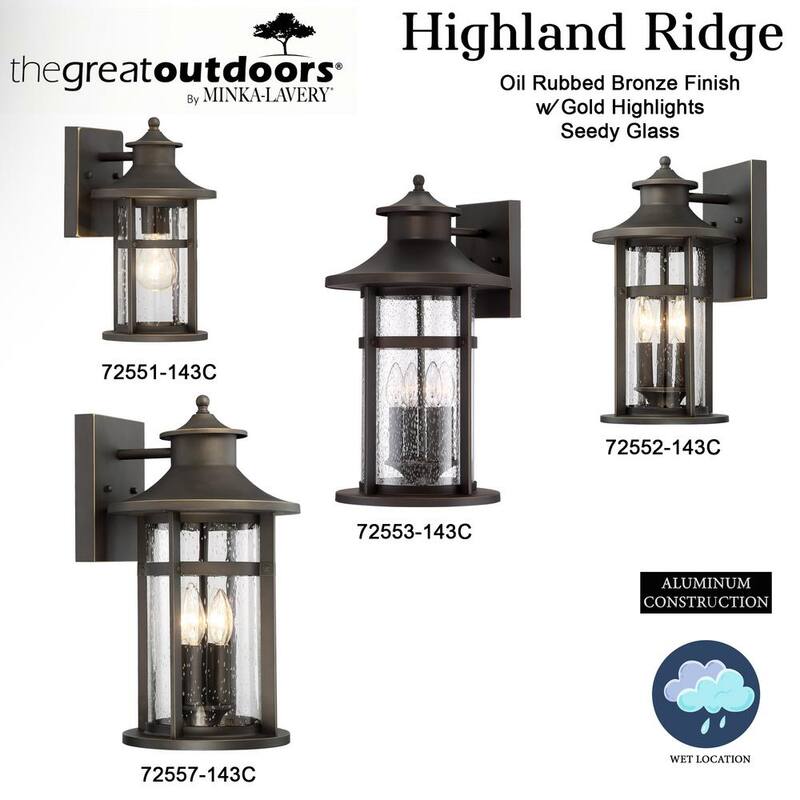 El gran exterior por Minka Lavery Highland Ridge Collection 3-Light Oil Rubbed Bronze con Gold Highlights Outdoor Wall Lantern Sconce - 72552-143C