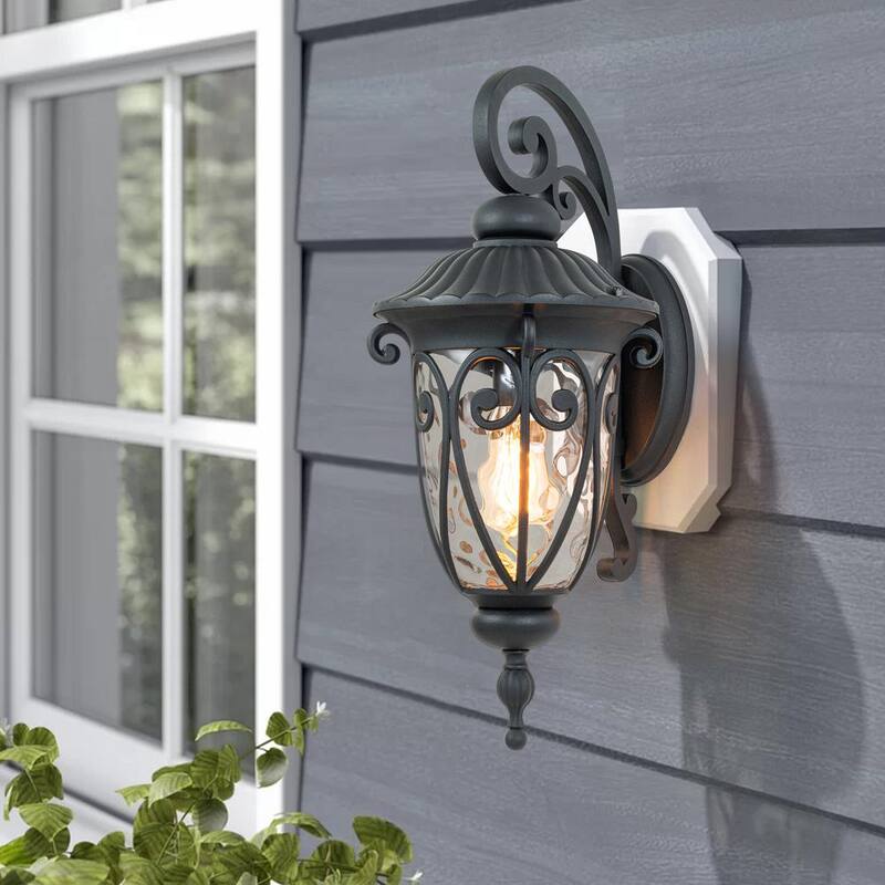 Lámpara de pared para exteriores Cattleya de aluminio negro mate con cristal de agua transparente y cableado duro de 1 luz - HCA2323-W