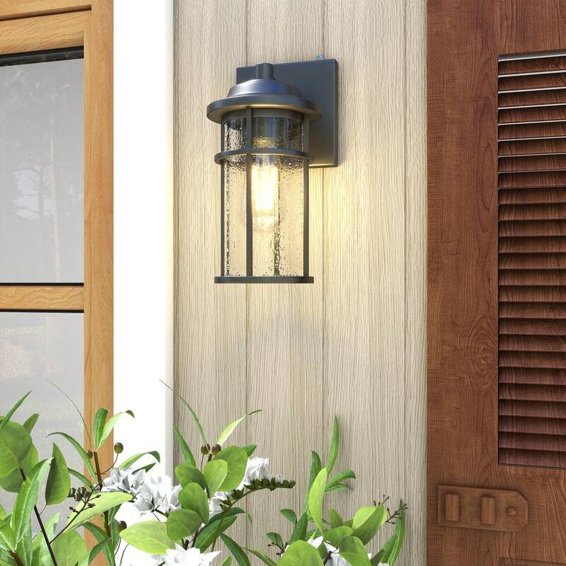 Luminaria de pared para exteriores Uixe 11 pulgadas, acabado negro mate, cableado rígido, con sensor de anochecer a amanecer y pantalla de vidrio con semillas - SSL-14631-S-PC