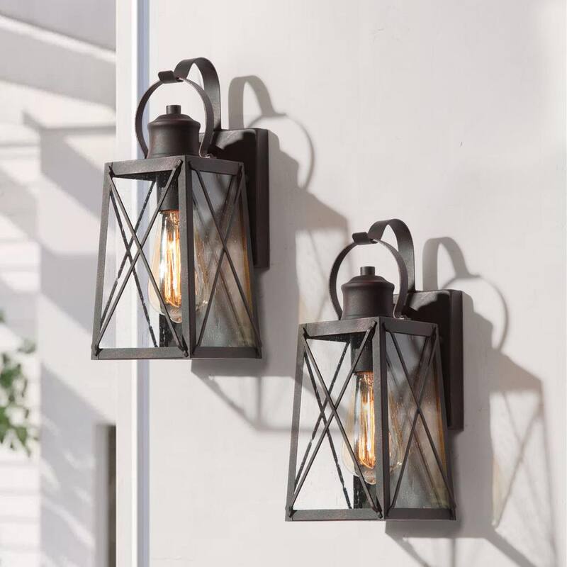 Artesano de LNC: Aplique de pared exterior de un foco en bronce rústico moderno con pantalla de vidrio sembrado claro, linterna de pared exterior (paquete de 2) - ZQF6BAHD151RDY7