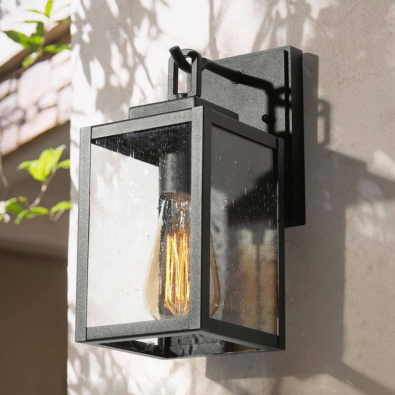 Aplique de pared exterior negro LNC, iluminación exterior cuadrada resistente al agua y al óxido para garaje o entrada con pantalla de vidrio sembrado - MAVENZHD14249V7
