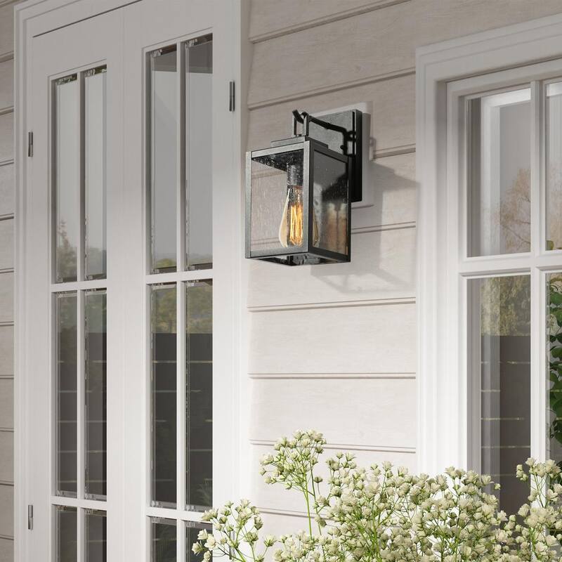 Aplique de pared exterior negro LNC, iluminación exterior cuadrada resistente al agua y al óxido para garaje o entrada con pantalla de vidrio sembrado - MAVENZHD14249V7