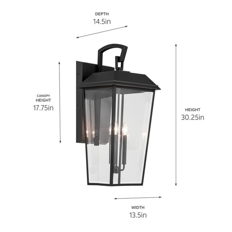 KICHLER Mathus 30.25 pulgadas, 3 luces, Linterna de pared al aire libre tradicional con alambrado duro en negro texturizado y sin focos incluidos - 59121BKT